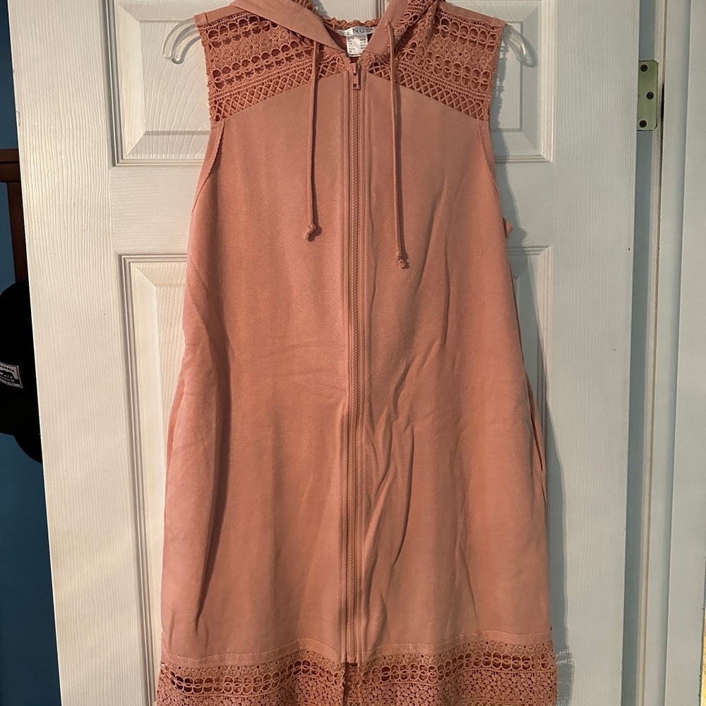 Coral Sleeveless Hooded Dress with Lace Details